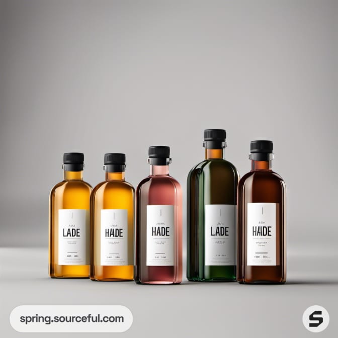 Five glass bottles with labels, featuring various colored liquids.