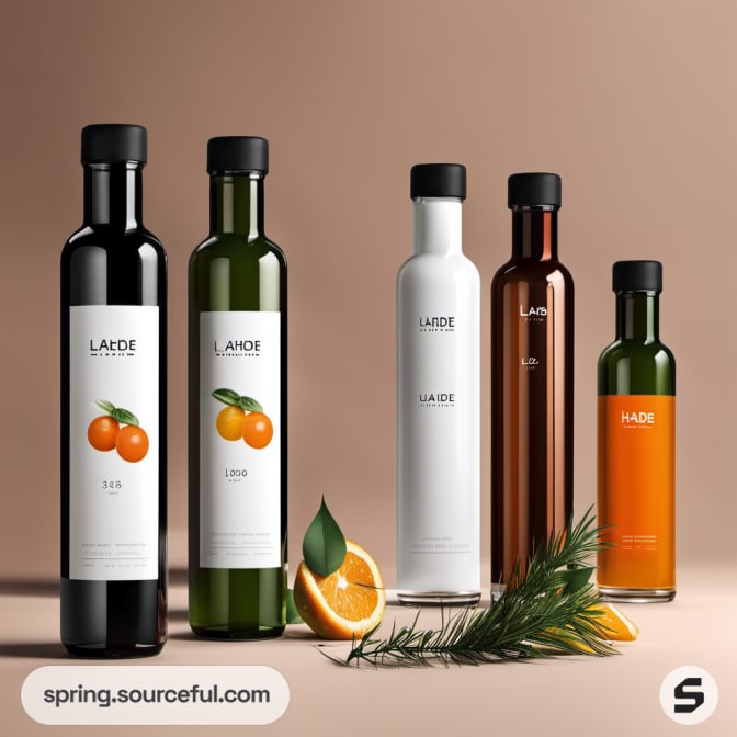 Green, white, and black glass bottles with fruit illustrations and labels.