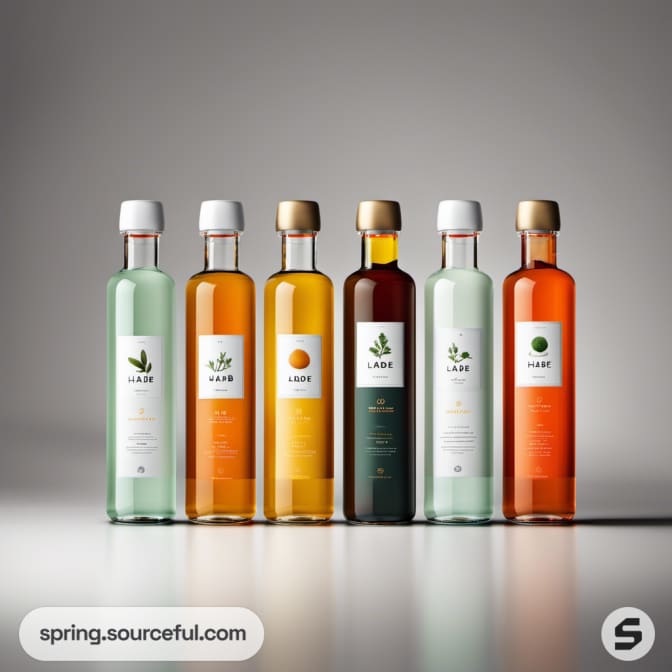 Six tall glass bottles with wooden caps, each with a unique label design.