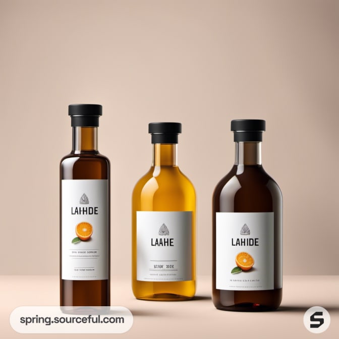 Three glass bottles with citrus labels against a beige background.