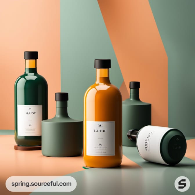 Assorted large, green and yellow bottles with black caps on a geometric background.