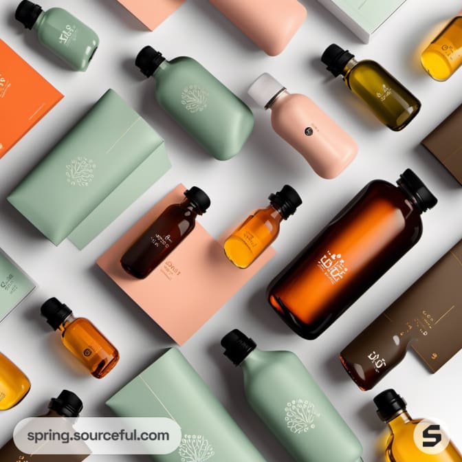 Array of small and large bottles and boxes in pastels and earth tones.