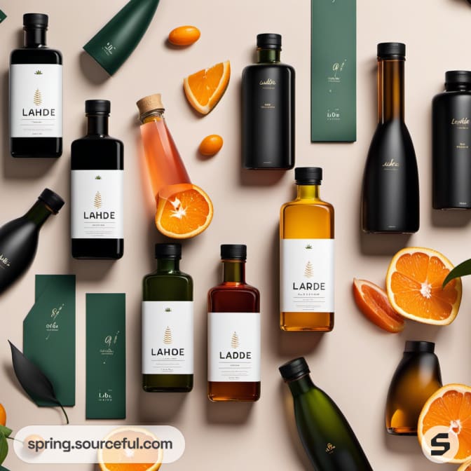 Various black and green bottles with citrus and leaves on cream surface.