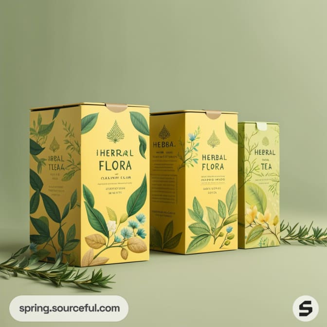 Yellow and green herbal tea boxes with leaf illustrations on a light green background.
