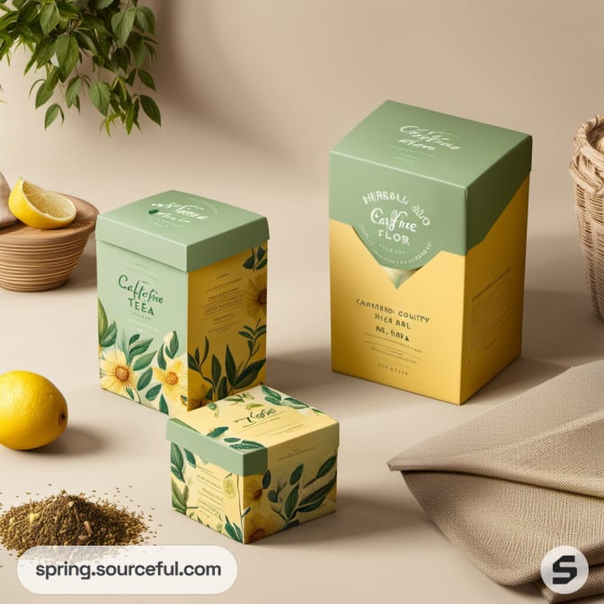 Green and yellow herbal tea boxes with leaf designs and lemons on a beige background.