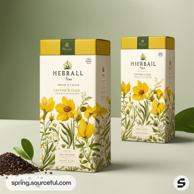 Yellow floral-themed herbal tea boxes on a light green background.