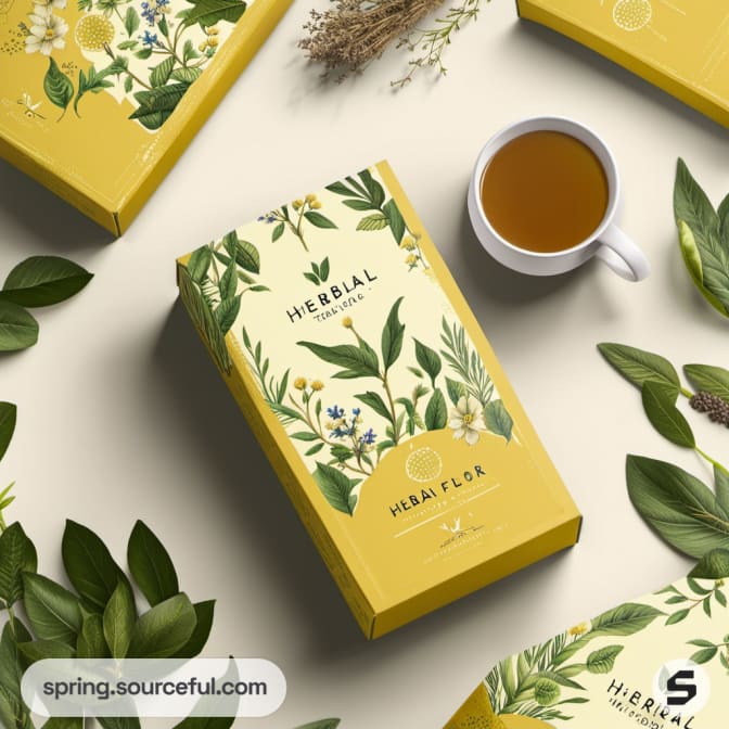 Yellow herbal tea boxes with leaf designs and a cup of tea on a cream surface.