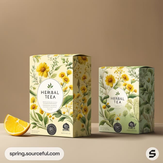 Herbal tea boxes with yellow flowers on a beige background with a lemon slice.