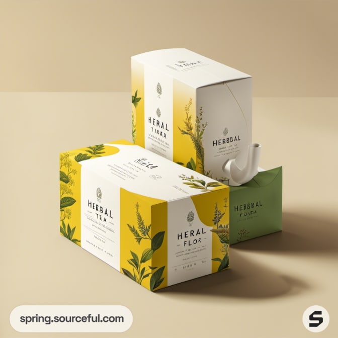 White and yellow herbal tea boxes with green leaf designs on a beige surface.