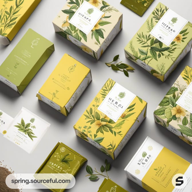 Various herbal tea boxes with green and yellow leaf patterns on a white surface.