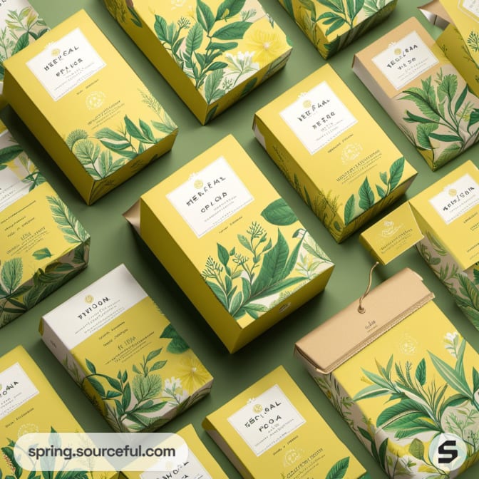 Assorted herbal tea boxes with green leaf illustrations on a green background.