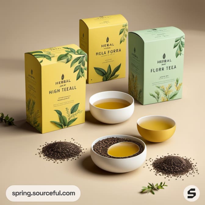 Yellow and green herbal tea boxes with tea cups and loose tea on beige surface.