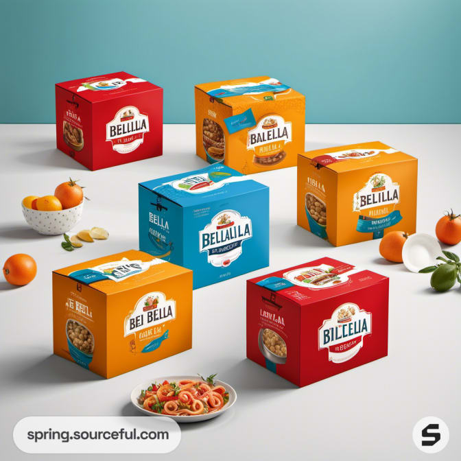 Colorful packaging boxes with fruit images on a white surface.