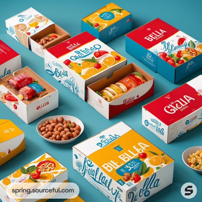 Assorted food boxes with vibrant fruit illustrations.