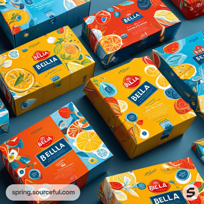 Brightly colored fruit-themed boxes on a blue background.