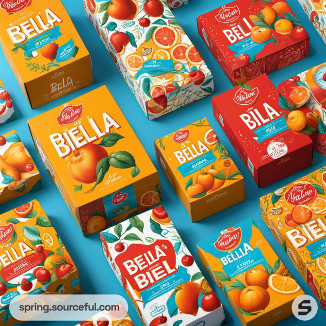 Multiple orange-themed packaging boxes with fruit graphics.