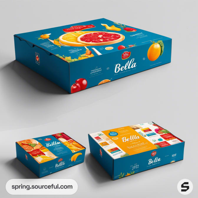 Large blue box with fruit illustrations on a gray background.
