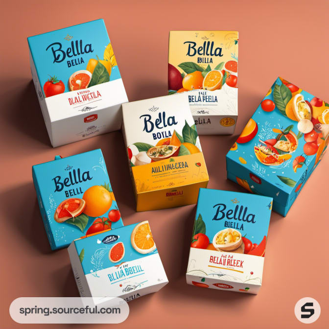 Seven assorted food boxes with fruit motifs on peach background.