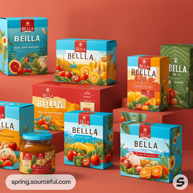 Array of fruit-themed boxes on red background with a jar.