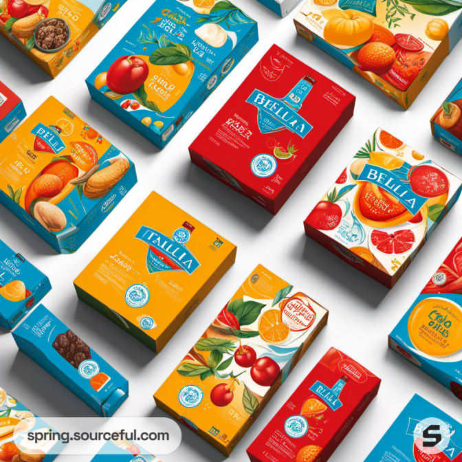 Colorful fruit-illustrated packaging boxes in various sizes.