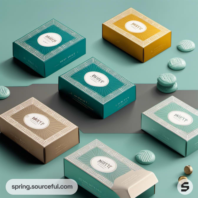 Assorted teal and gold gift boxes with geometric patterns on a teal background.