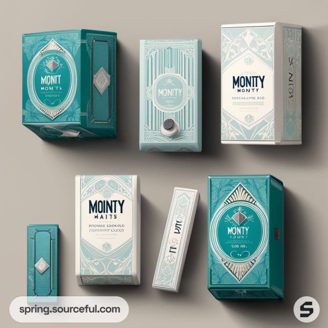 Vertical teal and cream boxes with ornate designs on a beige backdrop.