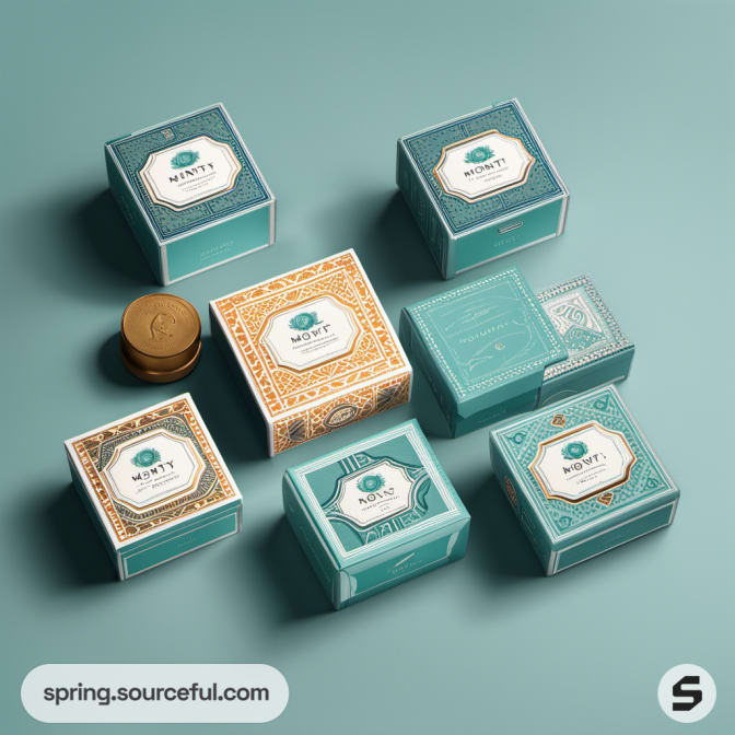 Small square teal and gold boxes with intricate patterns on a teal background.