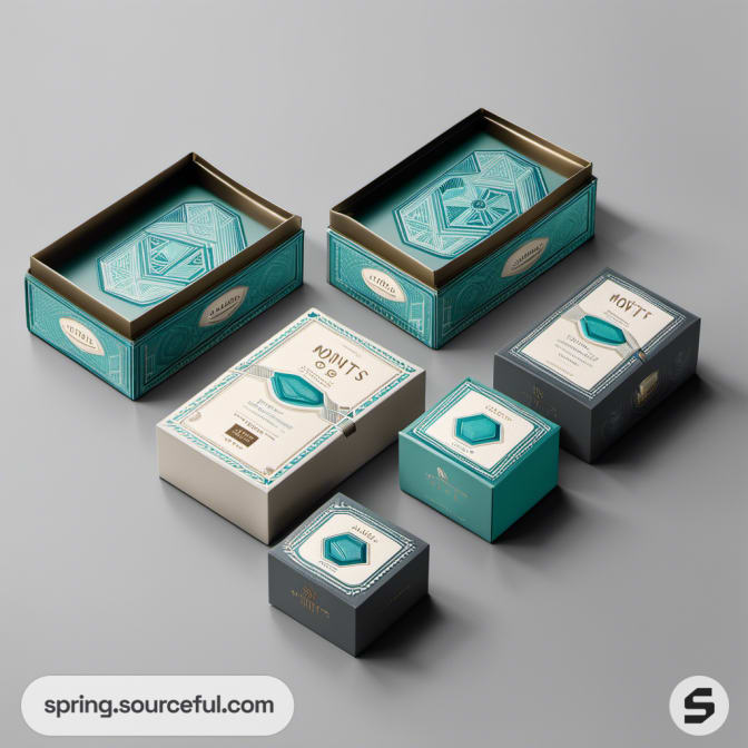 Open teal boxes with removable lids and geometric designs on a gray background.