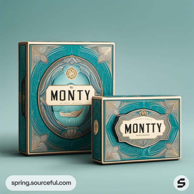 Two decorative teal boxes with detailed designs on a teal background.