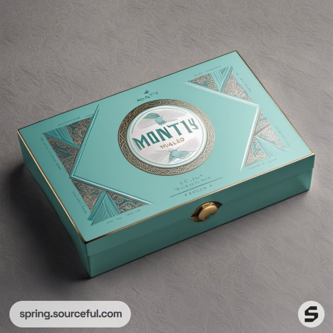 Large teal box with a circular design centerpiece on a textured surface.