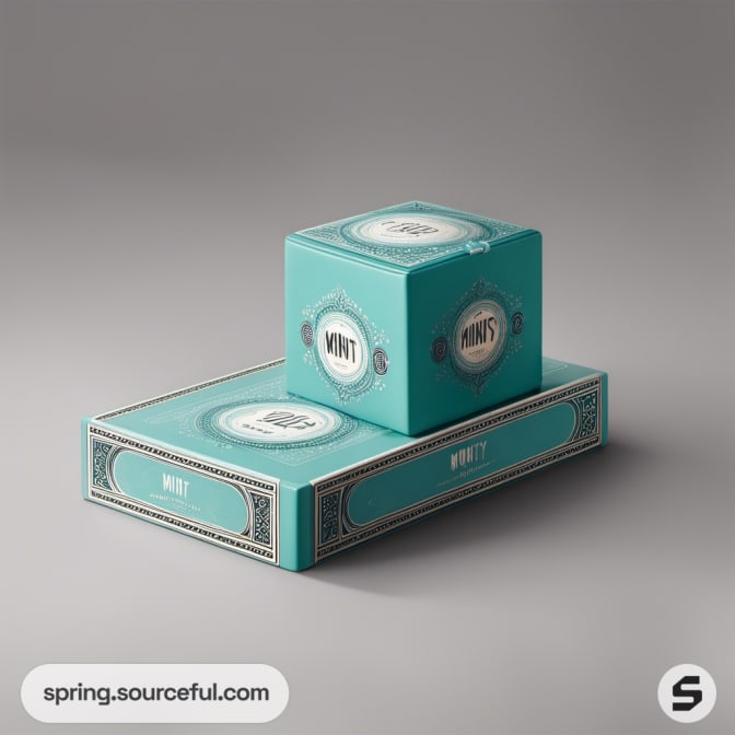 One long and one cube teal box with detailed patterns on a gray background.