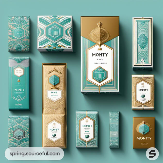 Array of teal and gold boxes in various sizes with decorative designs on a teal background.