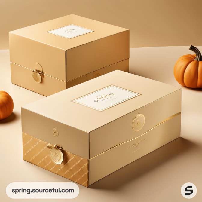 Two elegant beige gift boxes with gold seals, surrounded by small pumpkins on a neutral background.