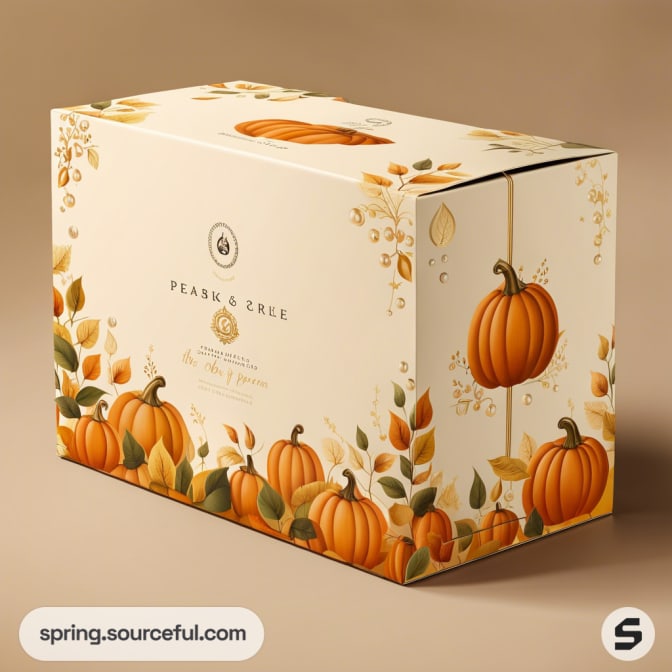 Gift box with autumn pumpkin design, featuring orange pumpkins and leaves on a beige background.