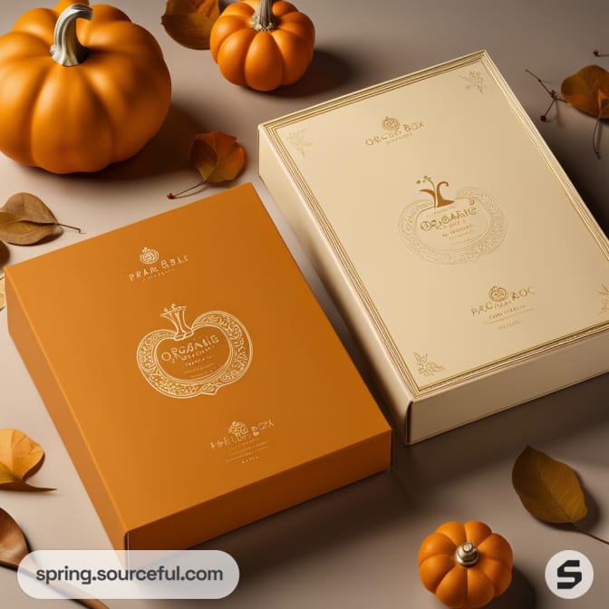 Two elegant gift boxes in autumn colors with pumpkin designs, surrounded by small pumpkins and leaves.
