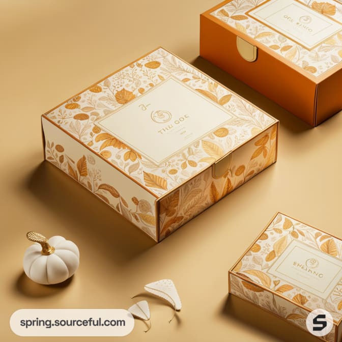 Decorative cardboard gift boxes with leaf patterns and gold accents on a beige background.