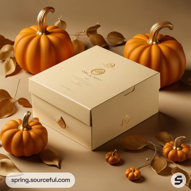 Festive cream gift box with pumpkins and leaves on a brown surface.