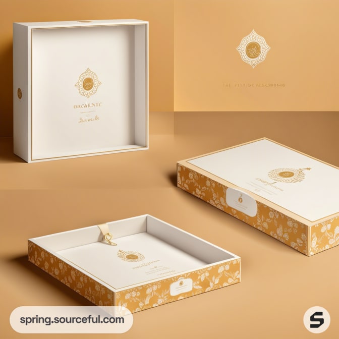 Elegant white and gold square gift boxes with floral patterns and detailed embellishments.
