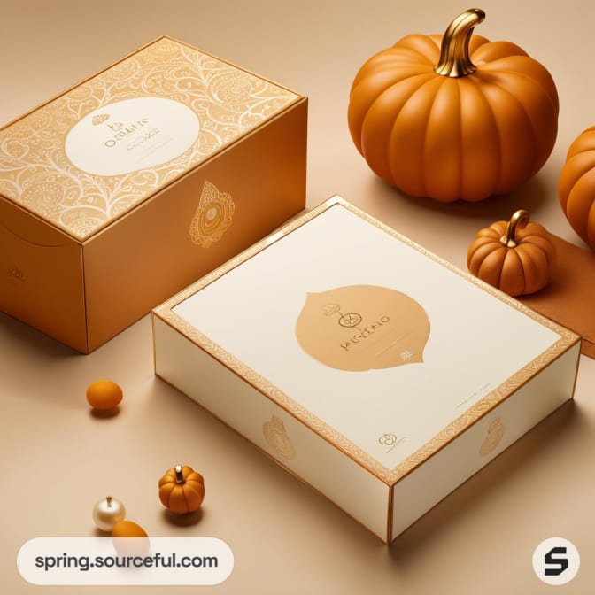 Orange and white festive packaging boxes with pumpkin decorations on a beige background.