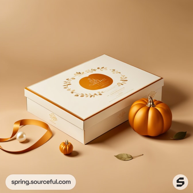 White gift box with golden leaf pattern and ribbon beside gold pumpkins on a beige background.