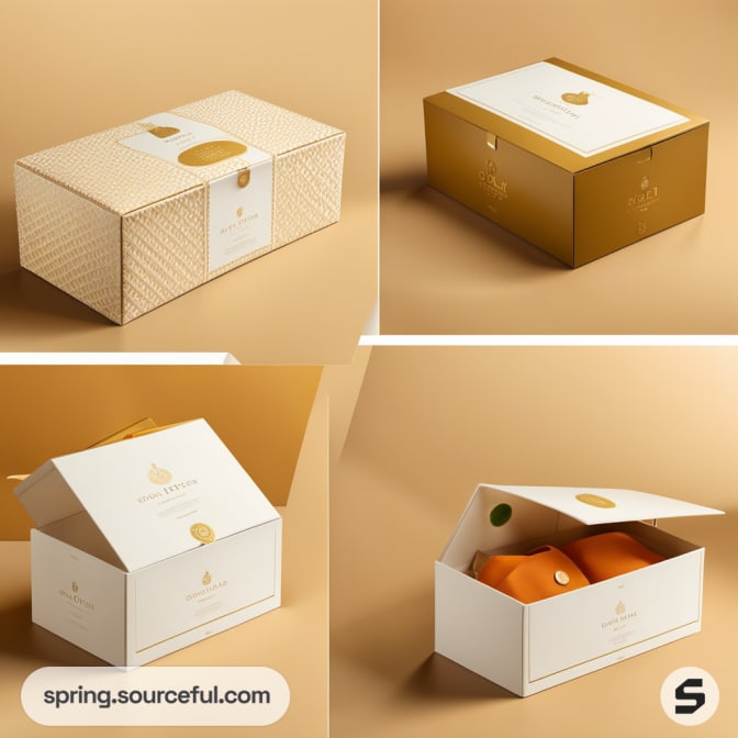 Set of elegant gift boxes in beige and gold with minimal design on a beige background.