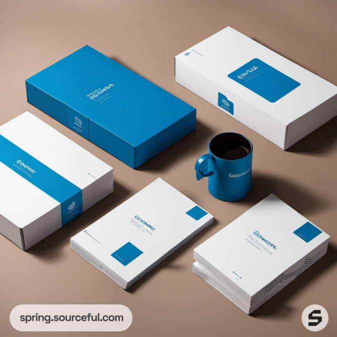 Assorted blue and white branded boxes with a blue mug on a brown surface.