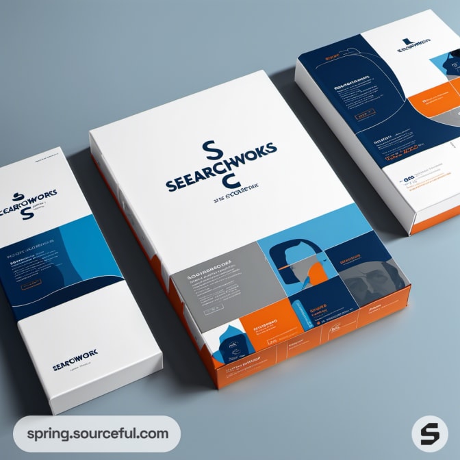 Blue and white packaging with graphic designs on a blue background.