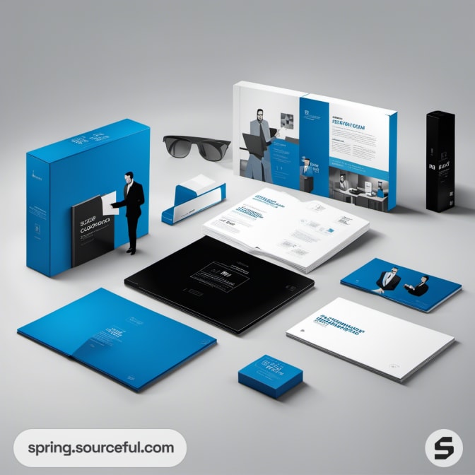 Blue and gray presentation boxes with sunglasses on a light gray surface.