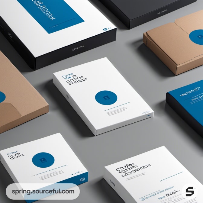 Minimalist boxes with circular blue graphics on a gray background.