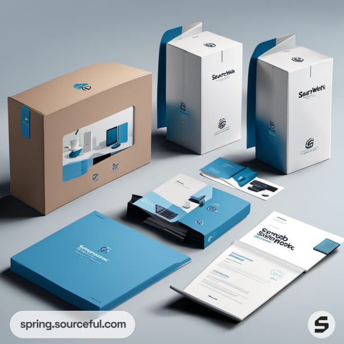 Blue and beige product display boxes with tech items on a light blue surface.