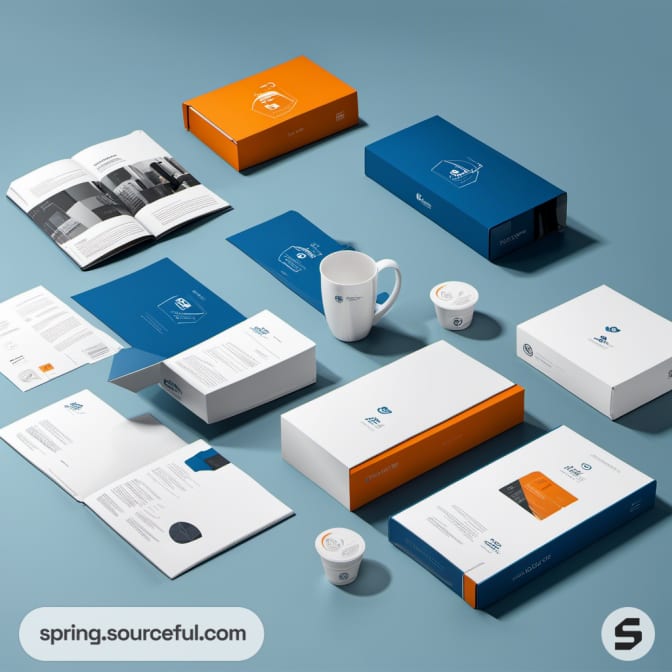 Blue and orange boxes with white and blue mugs on a blue background.