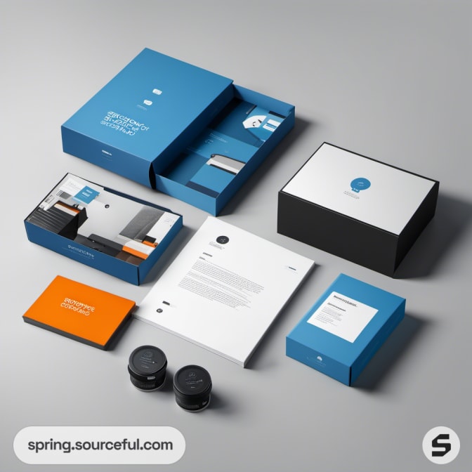 Blue and orange technology-themed boxes with documents on a gray surface.