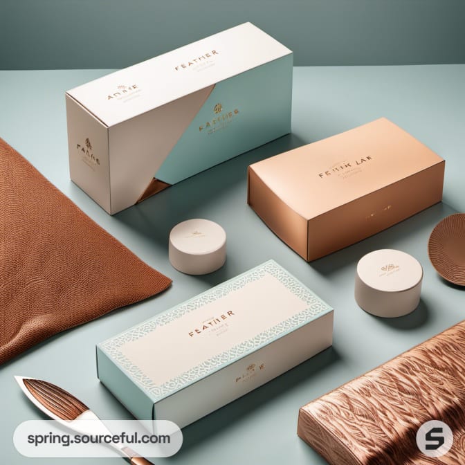 Elegant box packaging in blue and copper with various sizes and shapes.