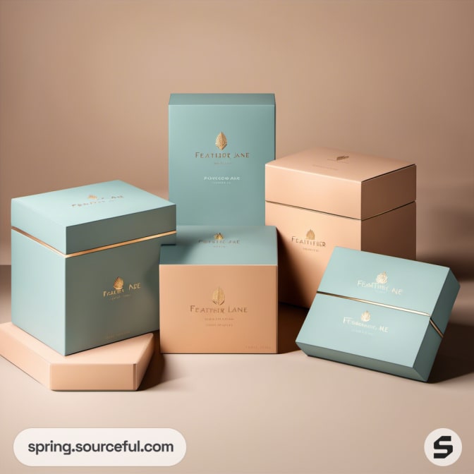 Stacked blue and beige boxes with gold accents for luxury branding.